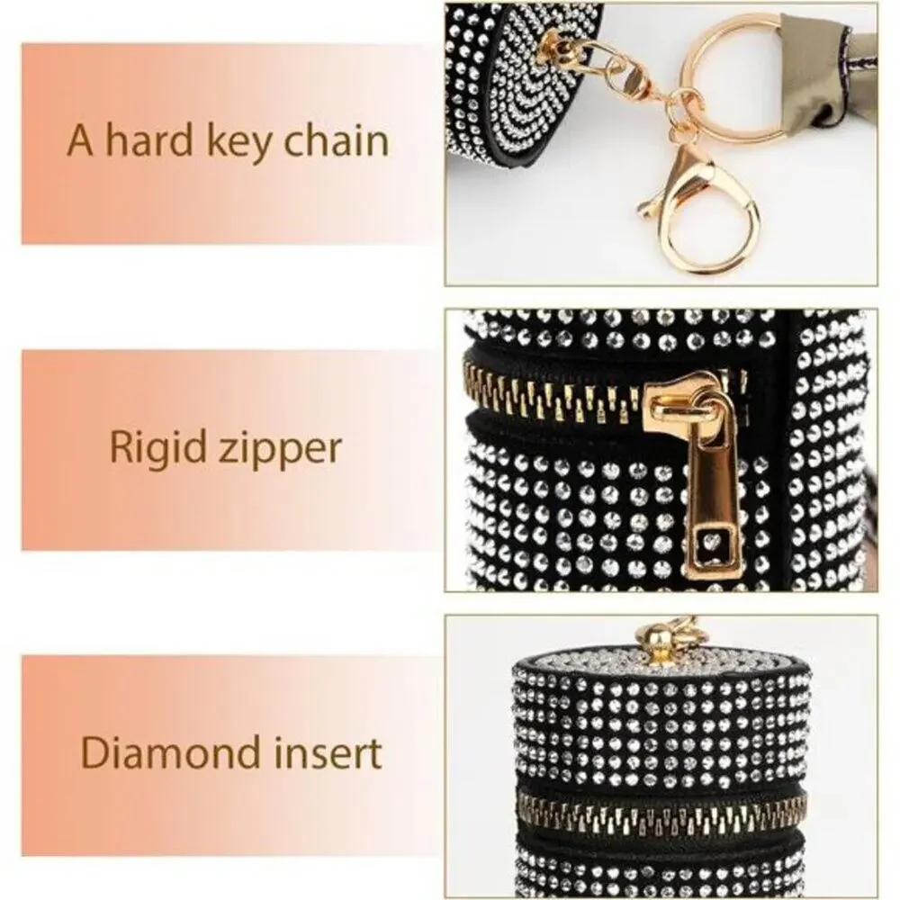 2 Pack Lipstick Case Keychain Leather Diamond Lip Gloss Holder Black & Pink